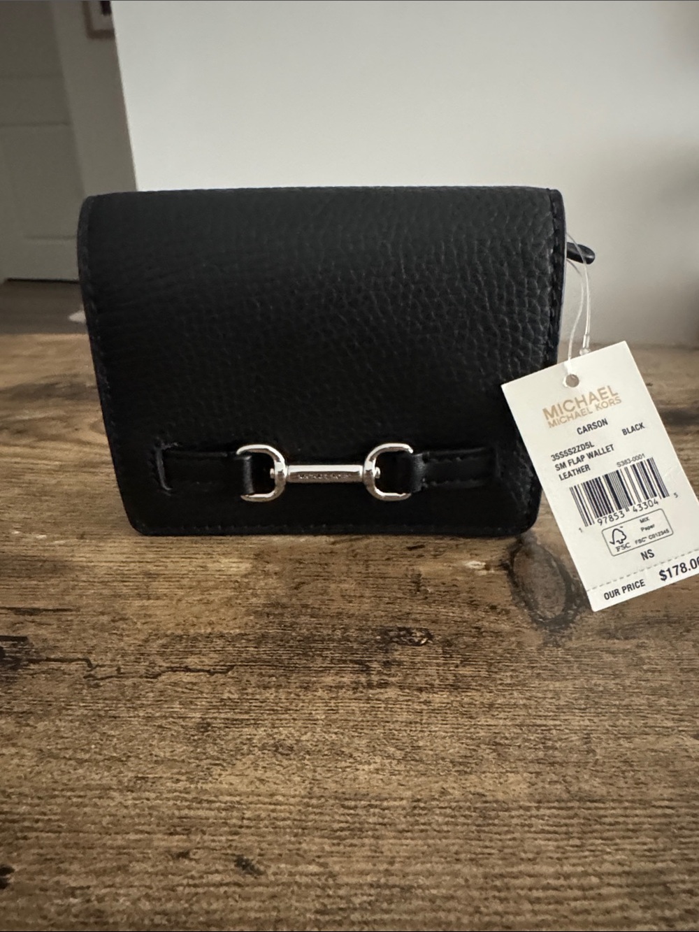 Michael Kors Black Pebbled Leather Mini Flap Wallet with Silver Hardware